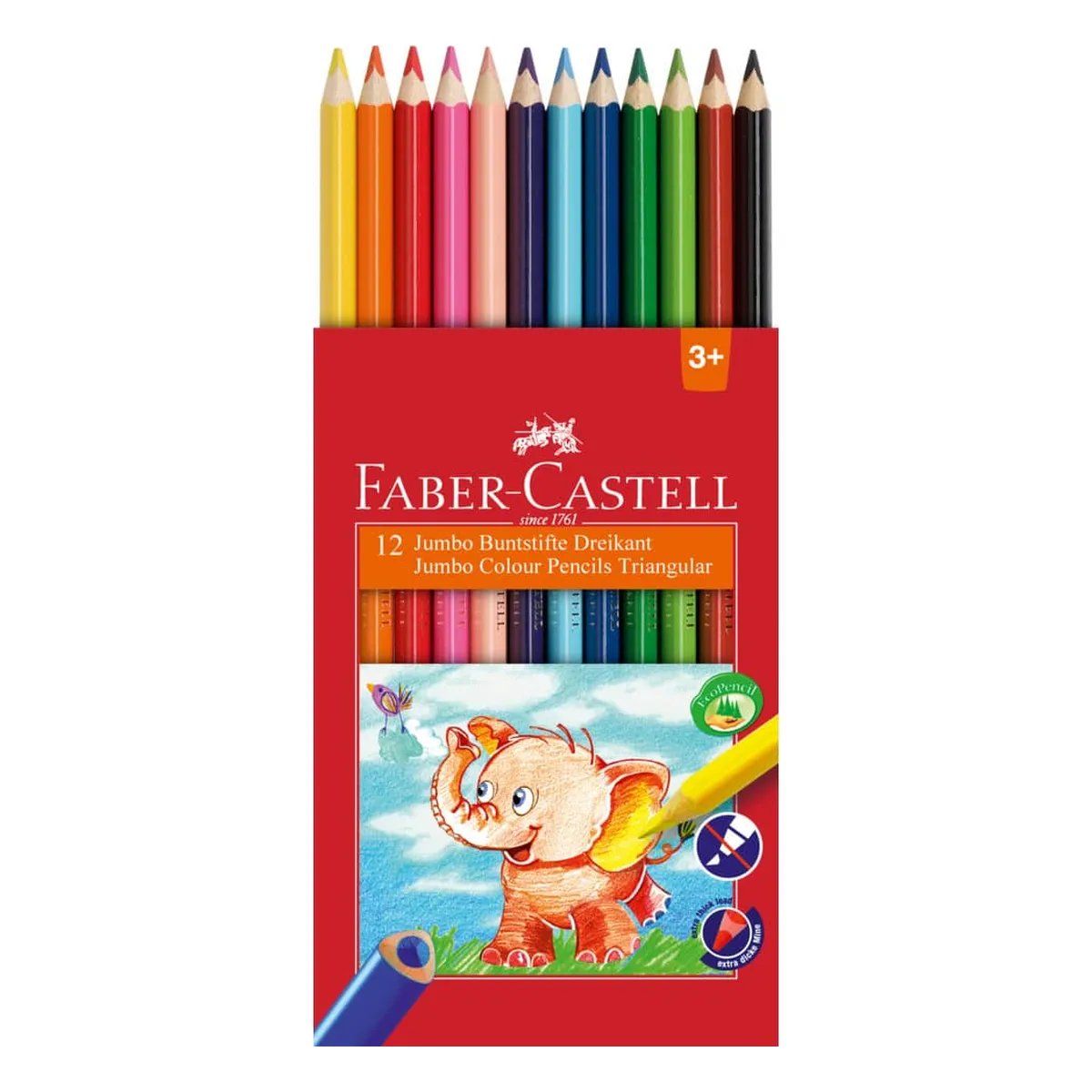Faber-Castell Buntstift Jumbo Dreikantform - 12 Farben sortiert, Kartonetui