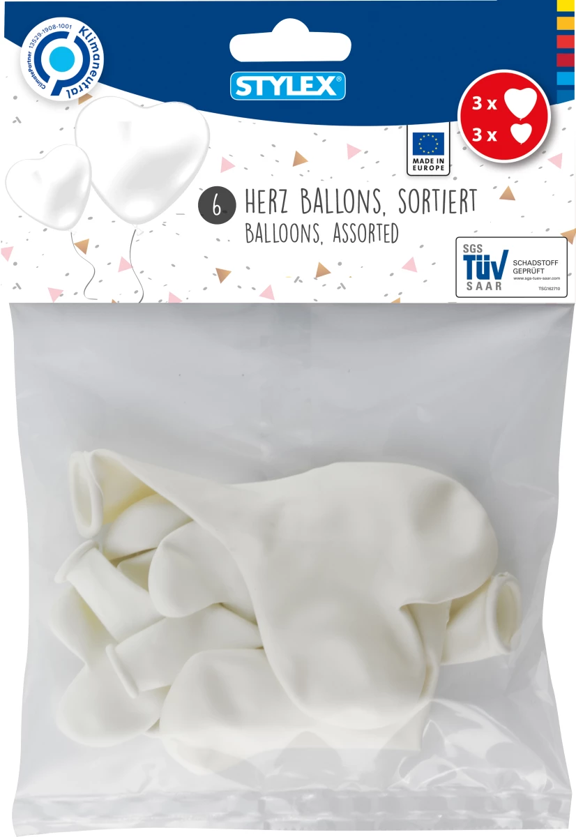 Stylex Luftballons weiße Herzen, 6er Beutel