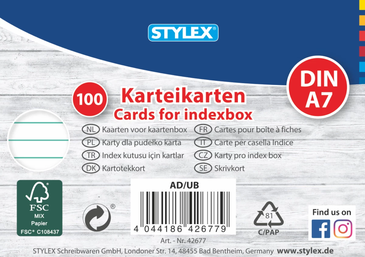Stylex Karteikarten, DIN A7, liniert, 100 Stück, FSC