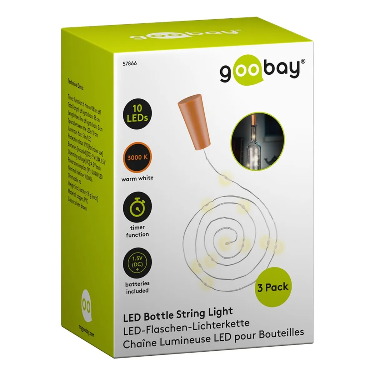 Goobay 3 x 10er LED-Flaschen-Lichterkette, inkl. Timer