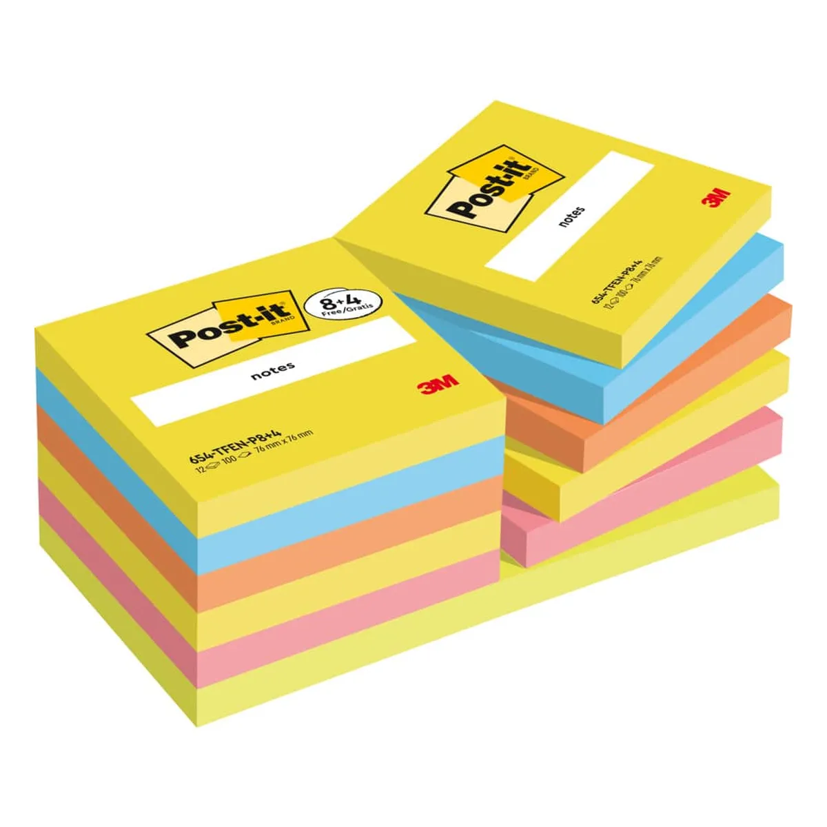 POST-IT Haftnotizblock Energetic - 76 x 76 mm, 8+4 Block x 100 Blatt, sortiert