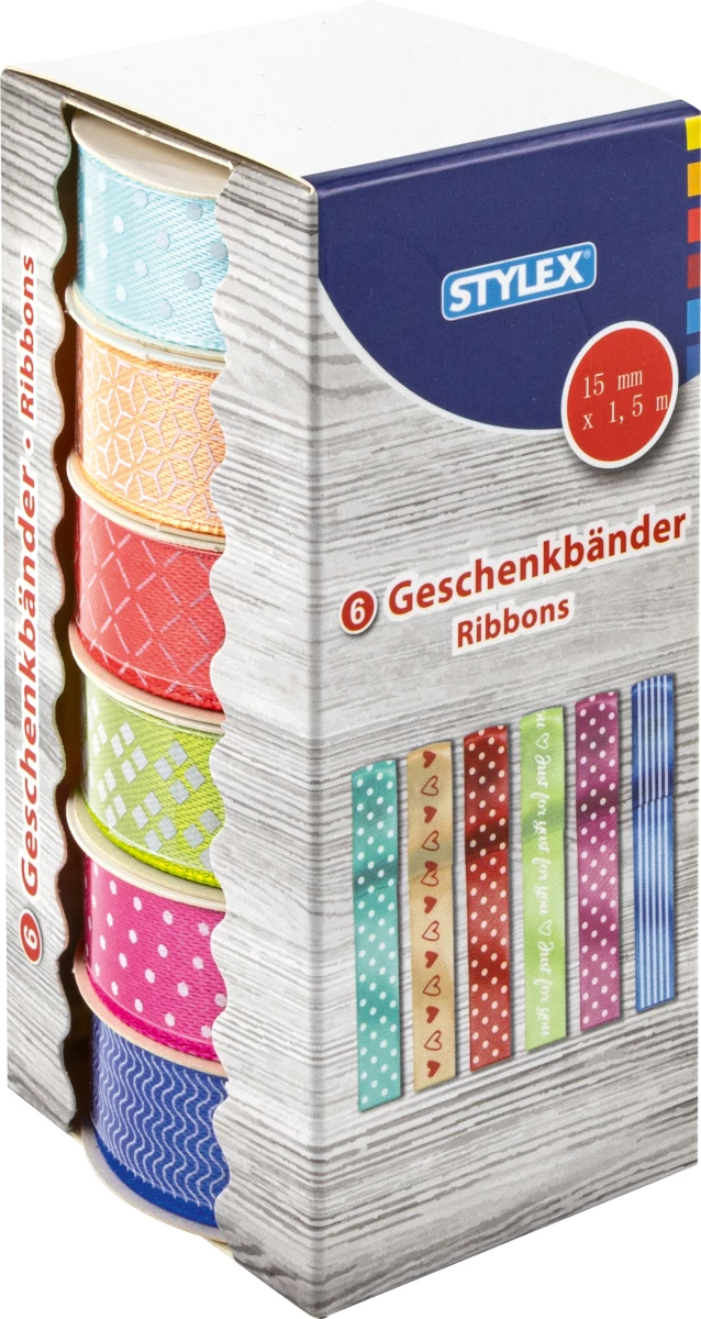 Geschenkband, 6 Rollen à 1,5 m, 6 Fach sortiert