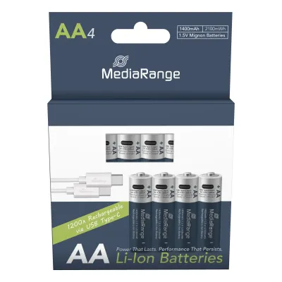 MediaRange wiederaufladbare USB-C Li-Ion Batterien, Mignon AA I 1.5V I 1.400mAh, 4er Pack