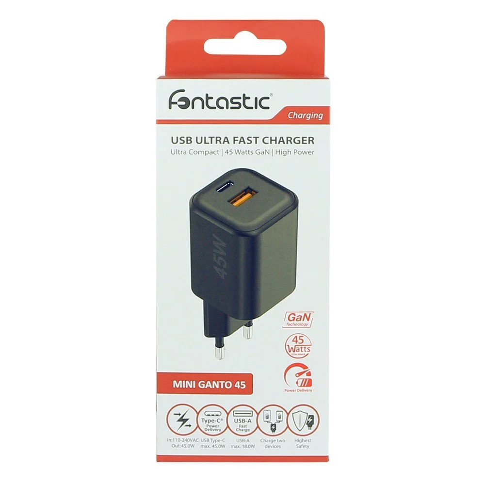 Fontastic Netzteil MINI GaNto 45W Type-C PD + USB-A FC schwarz