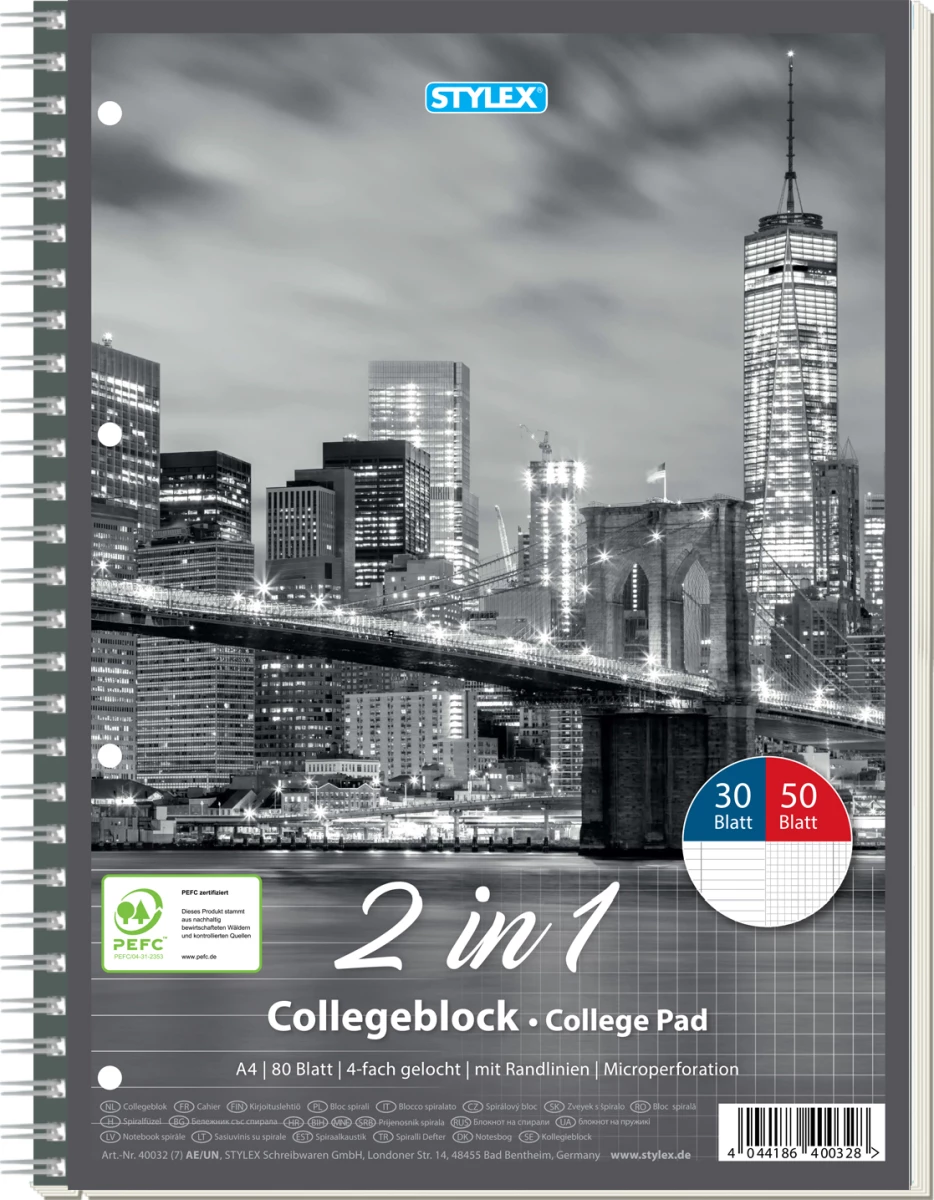 Stylex Collegeblock, DIN A4, Duo, 30 Blatt liniert / 50 Blatt kariert