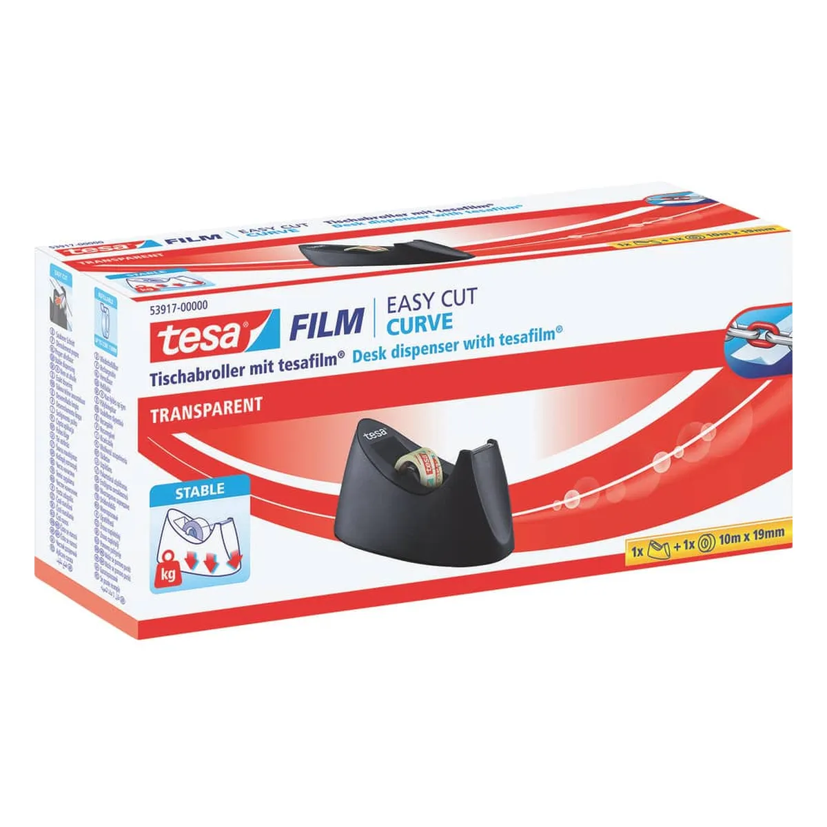 tesa® Tischabroller Easy Cut® Curve - für Rollen bis 33m : 19mm, schwarz