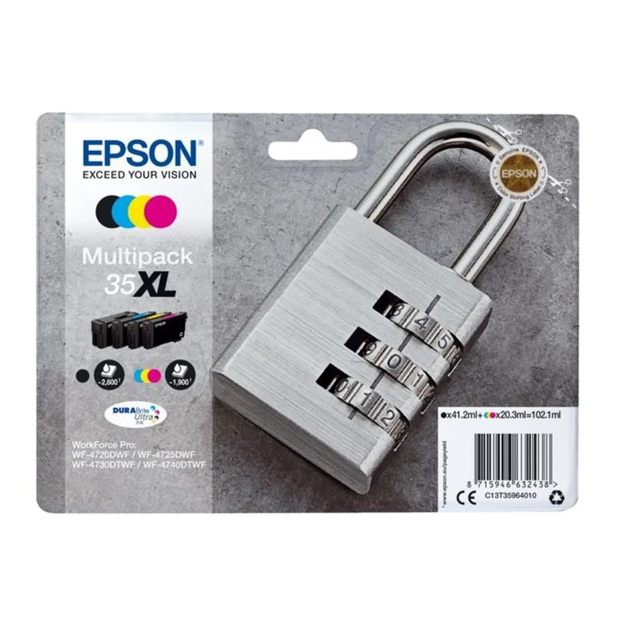 Druckerpatronen MultiPack Epson 35XL schwarz cyan magenta gelb 102,1 ml | 2.600 + 3x 1.900 Seiten (C13T35964010)