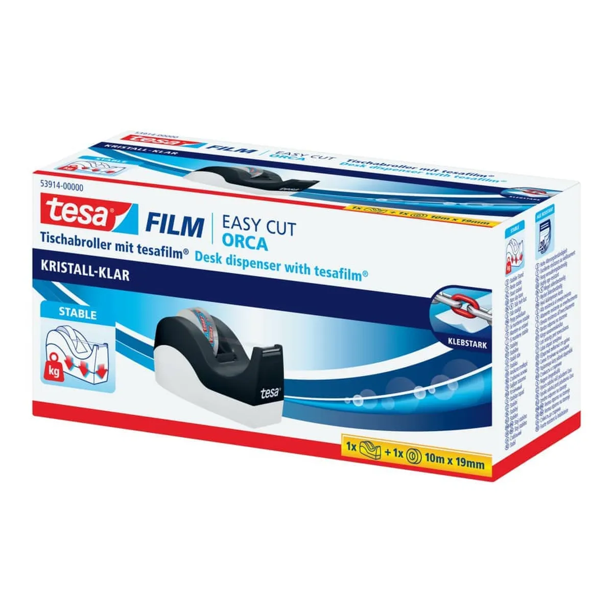 tesa® Tischabroller Easy Cut® Orca - für Rollen bis 33m : 19mm, schwarz/weiß