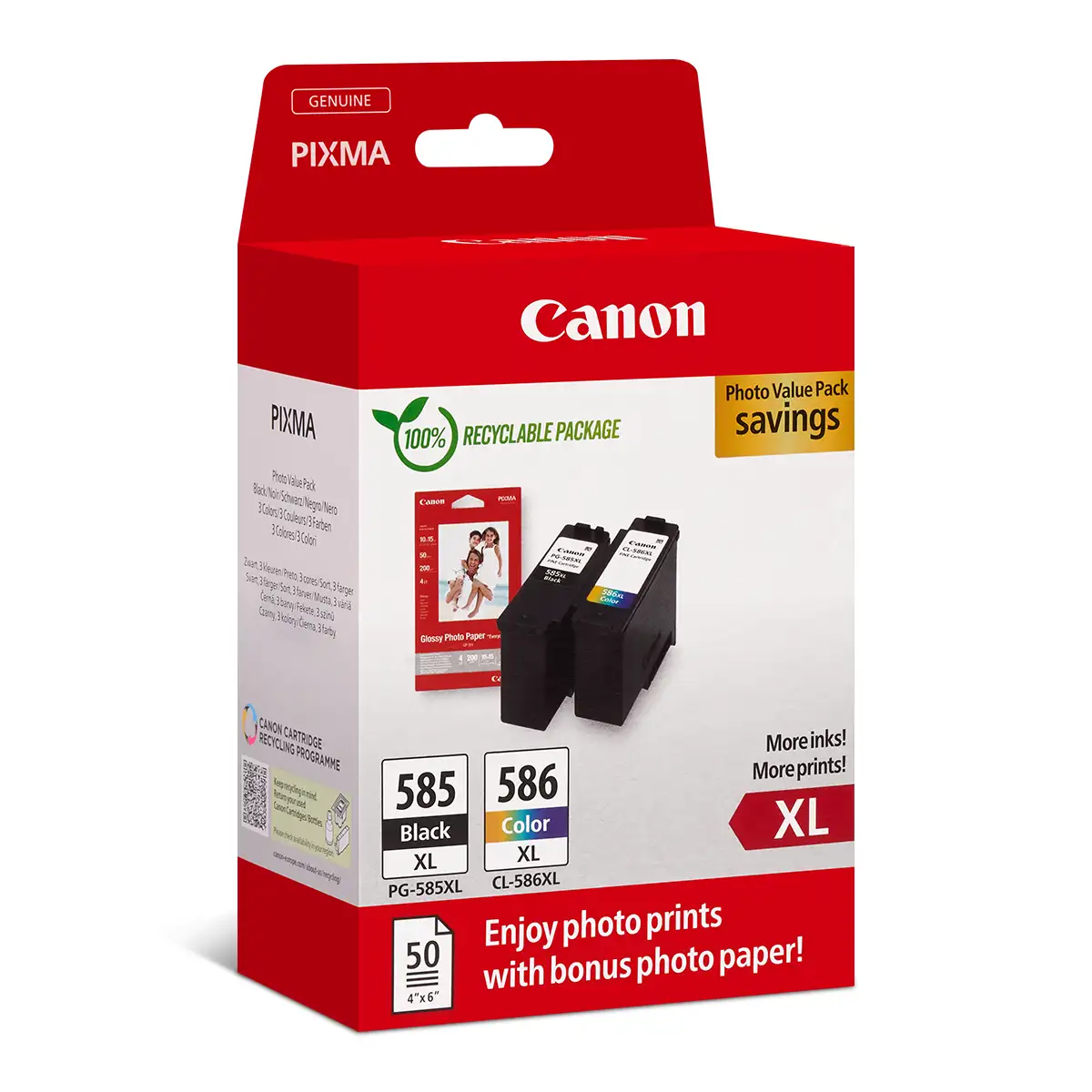 Druckerpatronen MultiPack Canon PG-585 XL/CL-586 XL schwarz + farbig XL + Fotopapier GP-501 600 Seiten