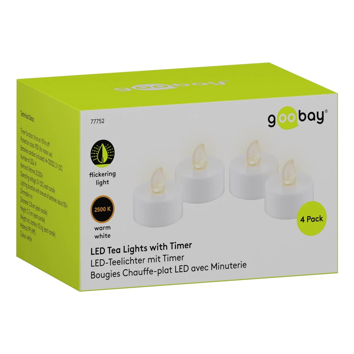 Goobay 4er-Set LED-Teelichter mit Timer, weiß