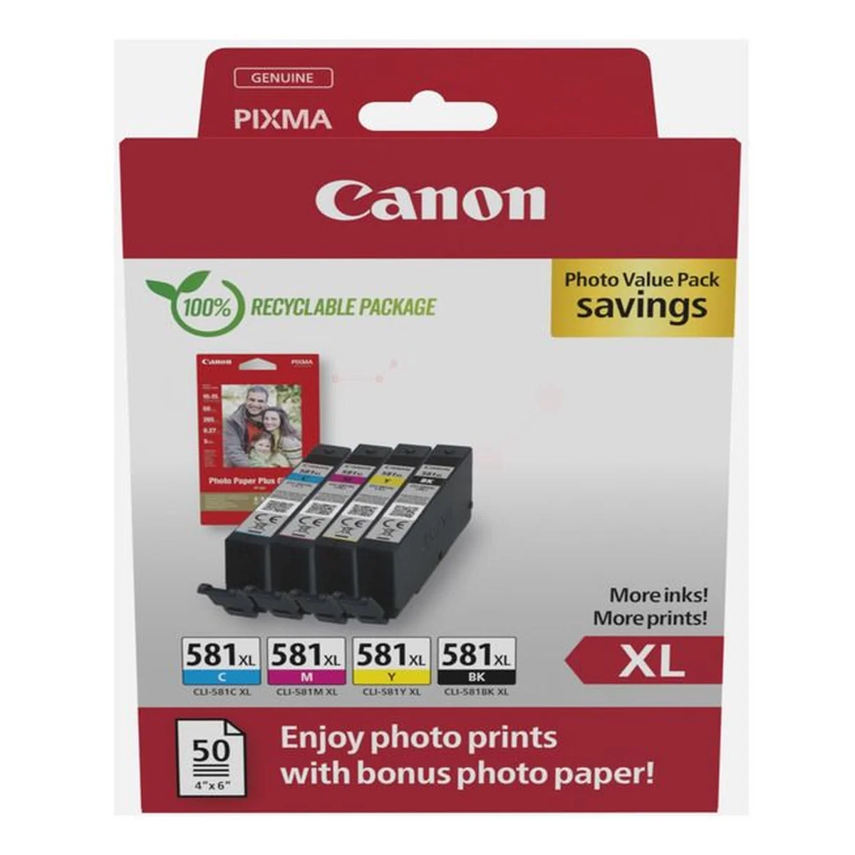 Druckerpatronen ValuePack Canon CLI-581 XL ValuePack 8,3 ml | 3.120 Seiten (2052C006) + Fotoglanzpapier Plus II