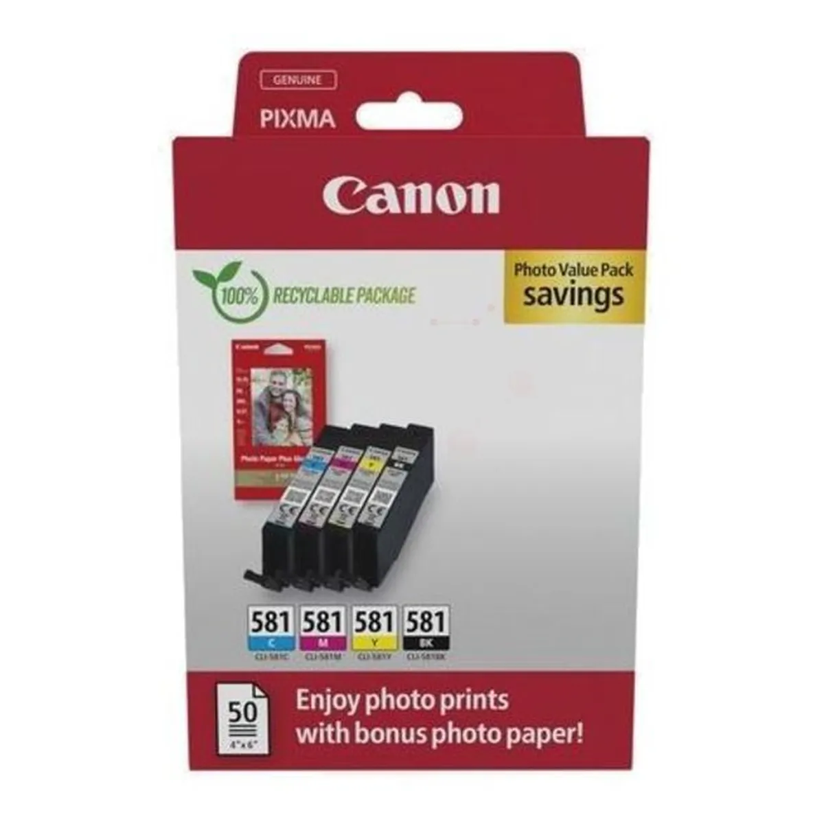 Druckerpatronen ValuePack Canon CLI-581 schwarz cyan magenta gelb 22,4 ml | 1.505/256/237/257 Seiten (2106C006) + Fotoglanzpapier Plus II 10x15 cm