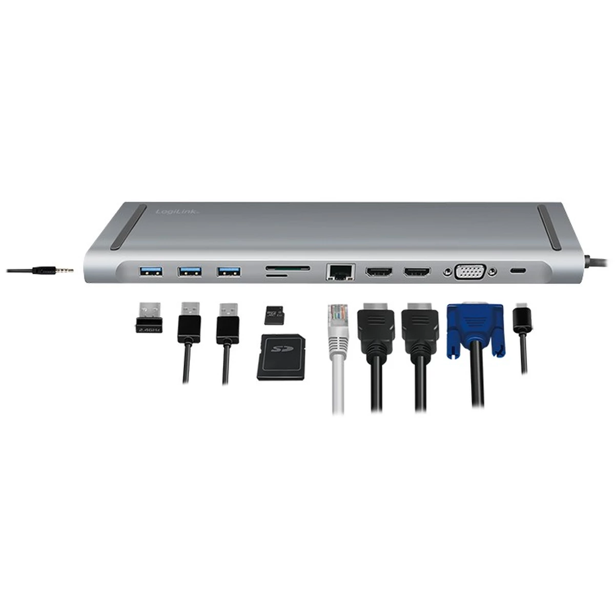 LogiLink Dockingstation USB-C Eigang 11Port 3xUSB3.2 USB-C 2xHDMI VGA AUX RJ45 Silver