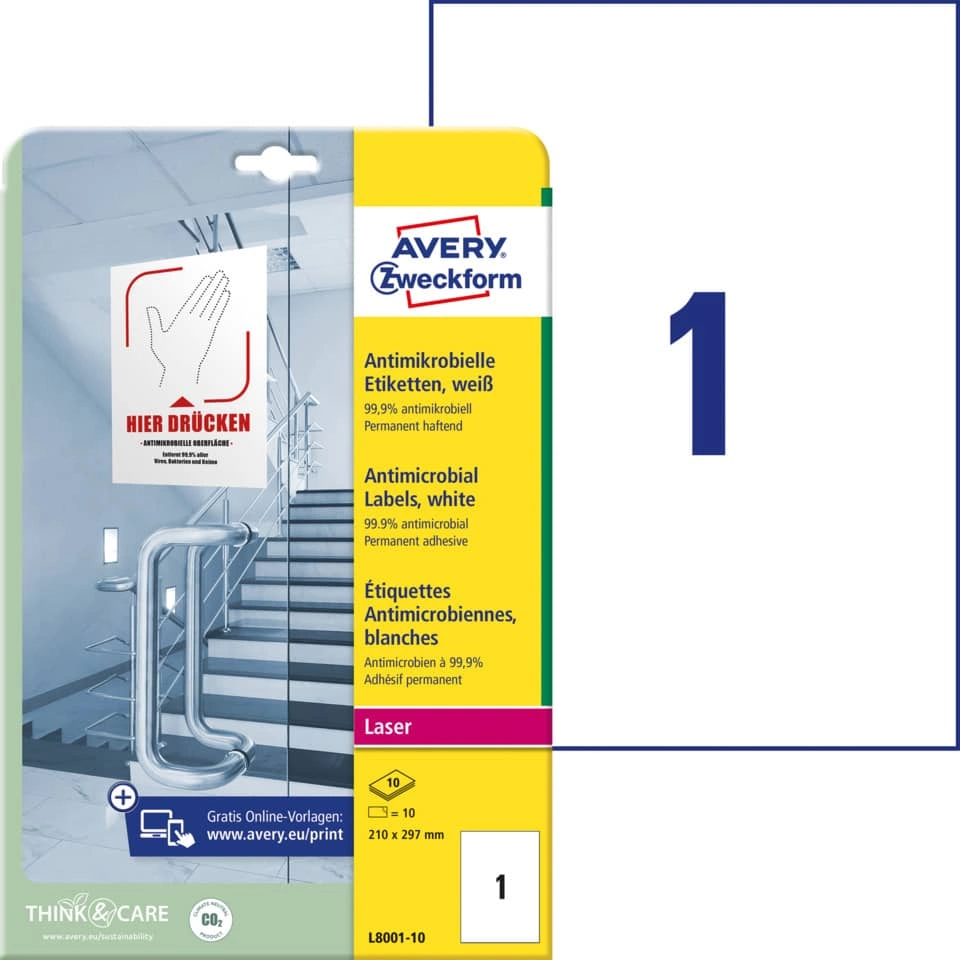 Avery Zweckform L8001-10 Antimikrobielle Etiketten - 210 x 297 mm, permanent, weiß, 10 Stück Avery Zweckform L8001-10 Antimikrobielle Etiketten - 210 x 297 mm, permanent, weiß, 10 Stück