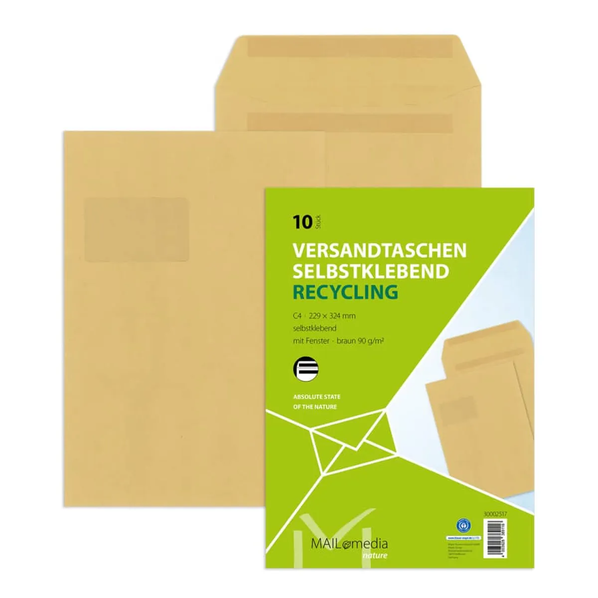 mayer-network Versandtaschen Recycling - C4 , mit Fenster, selbstklebend, 90 g/qm, braun, 10 Stück