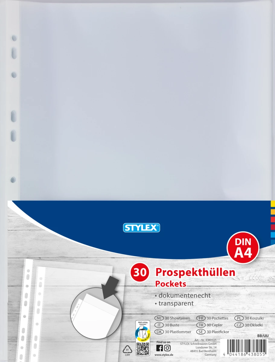 Stylex Prospekthüllen, DIN A4, 15 Stück, glatt