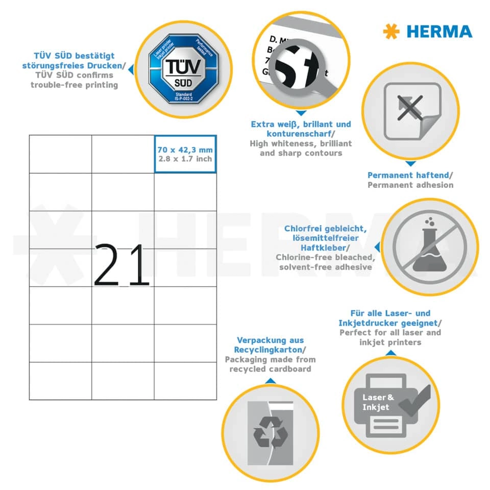 HERMA Etiketten Premium - 70 x 42,3 mm, weiß, matt, 4200 Stück HERMA Etiketten Premium - 70 x 42,3 mm, weiß, matt, 4200 Stück