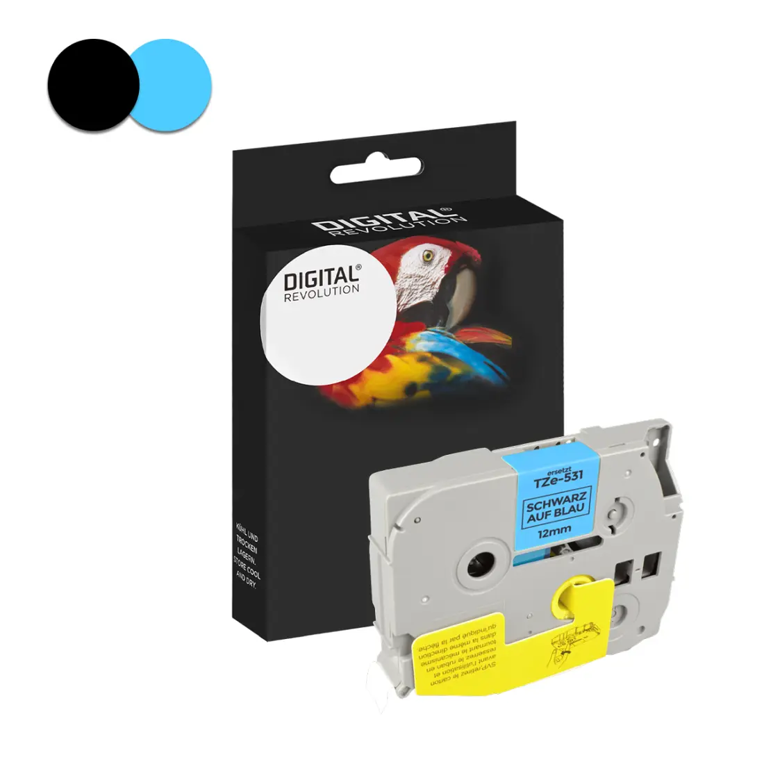 Schriftband TZE-531 schwarz auf blau 12 mm Schriftband TZE-531 schwarz auf blau 12 mm