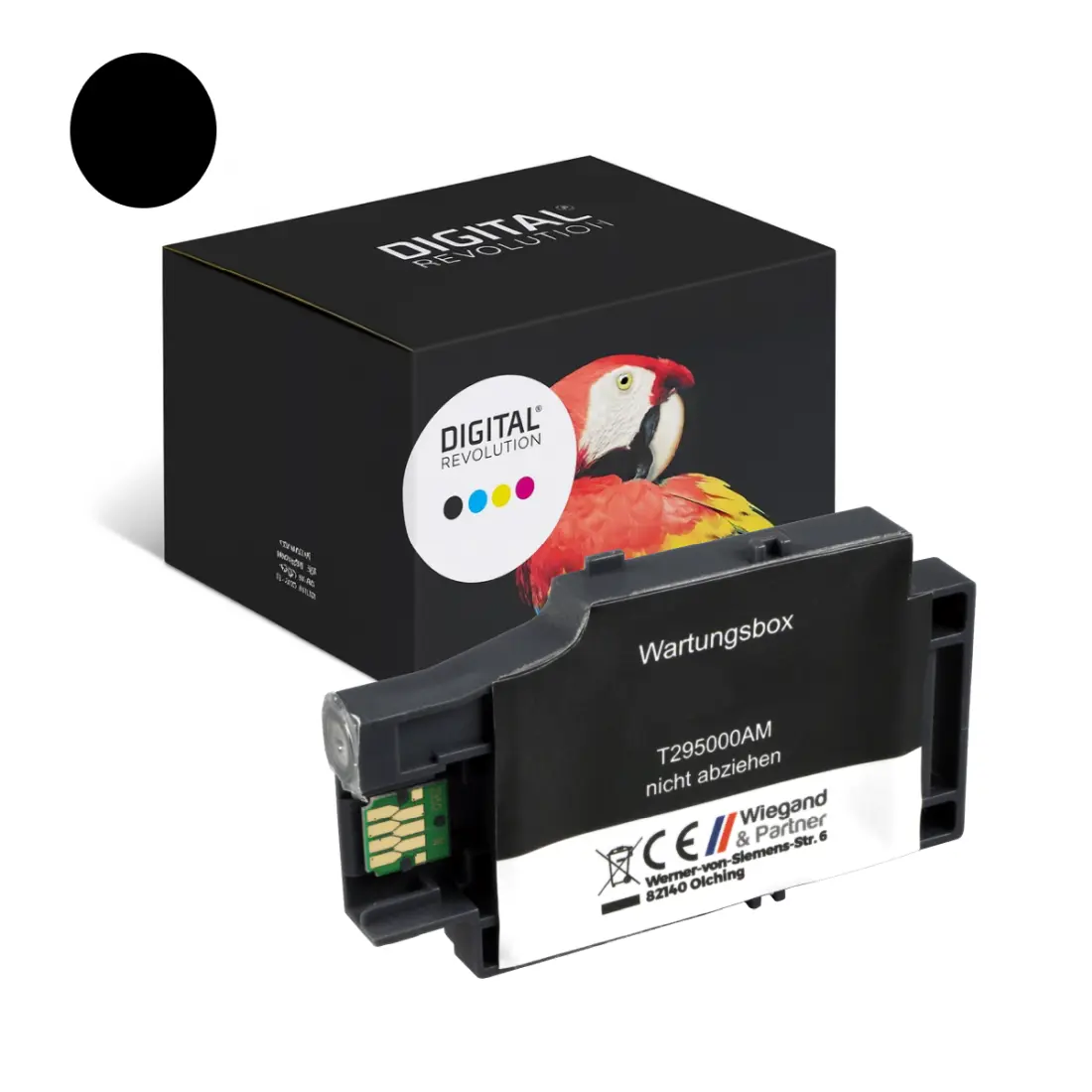 Epson C13T295000 - alternative Wartungsbox - Digital Revolution Digital Revolution alternative Wartungseinheit Epson C13T295000 (T2950), vor schwarzer Verpackung mit Papagei auf weißem Hintergrund