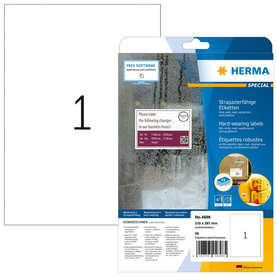HERMA Folienetiketten - 210 x 297 mm, weiß, strapazierfähig, extrem stark haftend, matt, 25 Stück