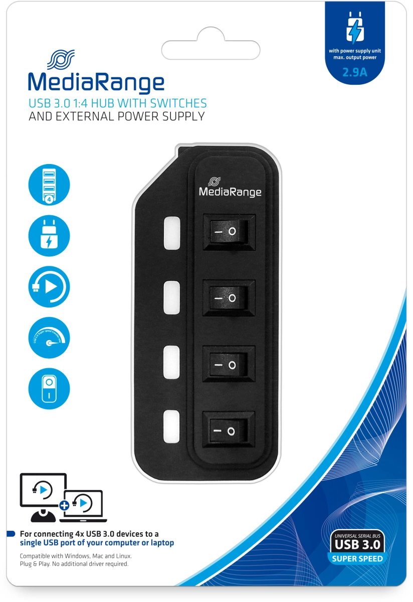 MediaRange USB 3.0 Hub 1:4 mit seperaten Ein-/Aus-Schaltern und Netzteil