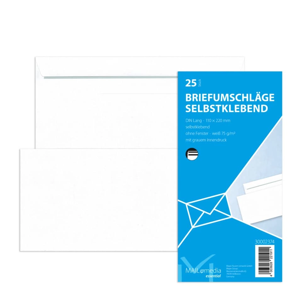 Briefumschläge DIN lang (220x110 mm), ohne Fenster, selbstklebend, 72 g/qm, 25 Stück