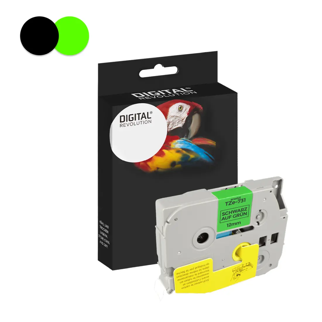 Schriftband TZE-731 schwarz auf grün 12 mm Schriftband TZE-731 schwarz auf grün 12 mm