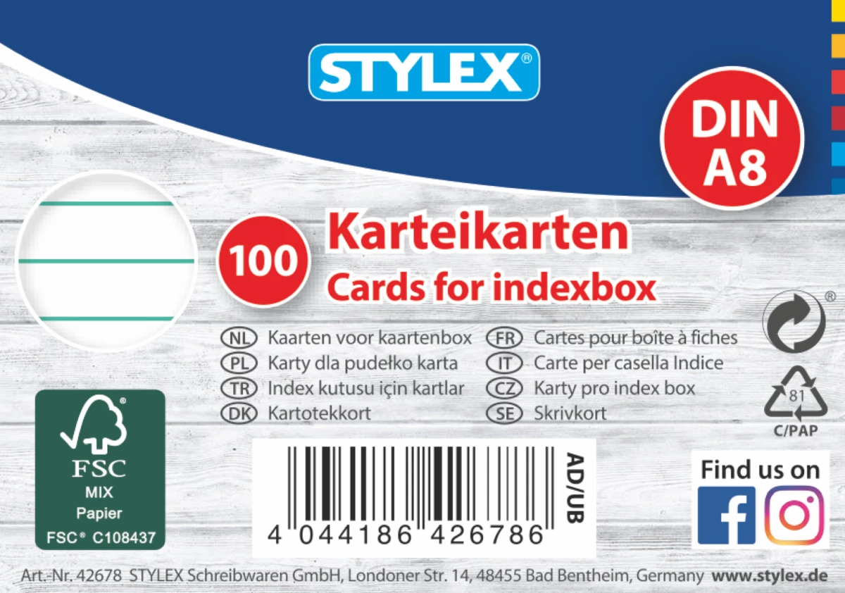 Stylex Karteikarten, DIN A8, liniert, 100 Stück, FSC