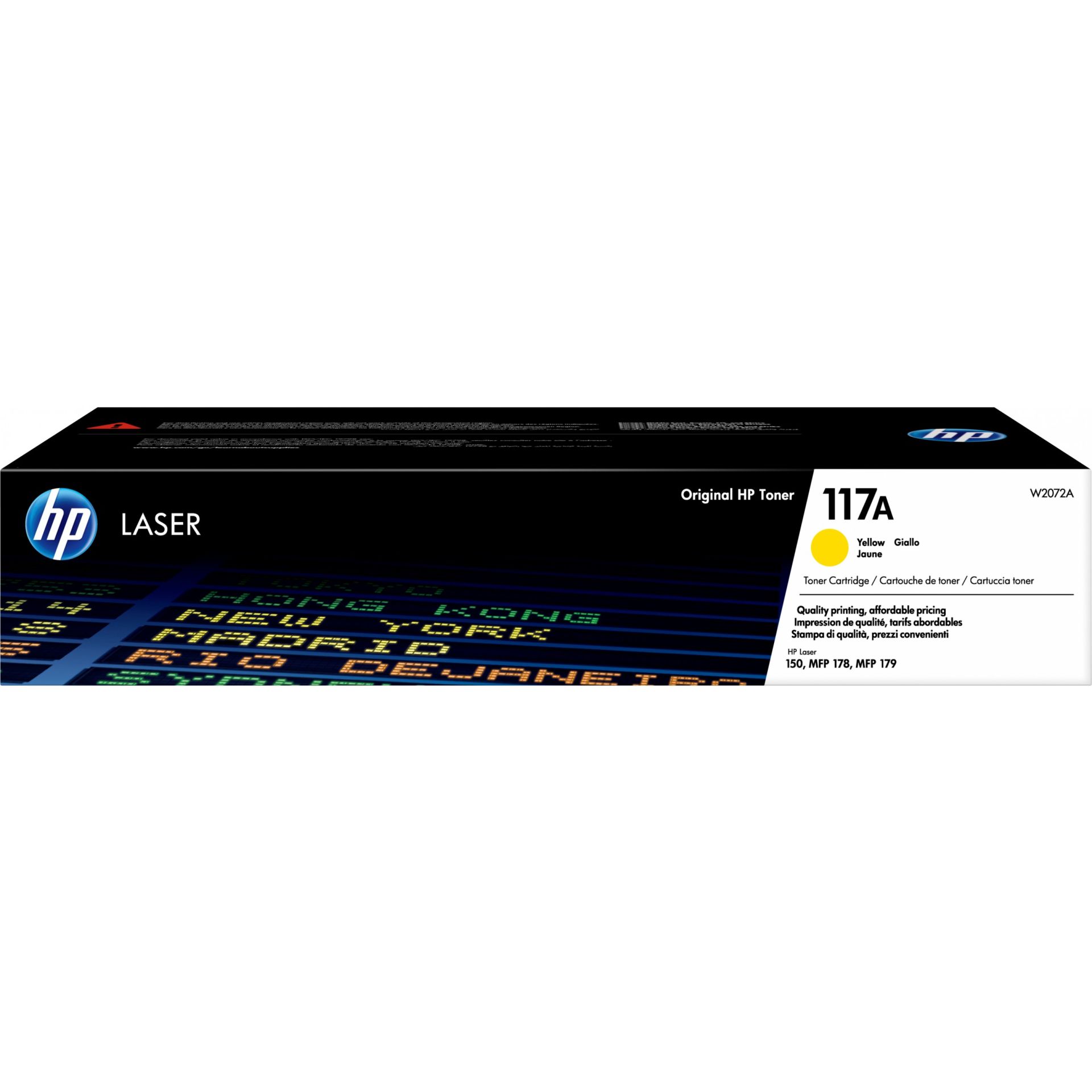 HP Toner 117A in gelb in einer schwarz-weißen Verpackung mit HP Logo