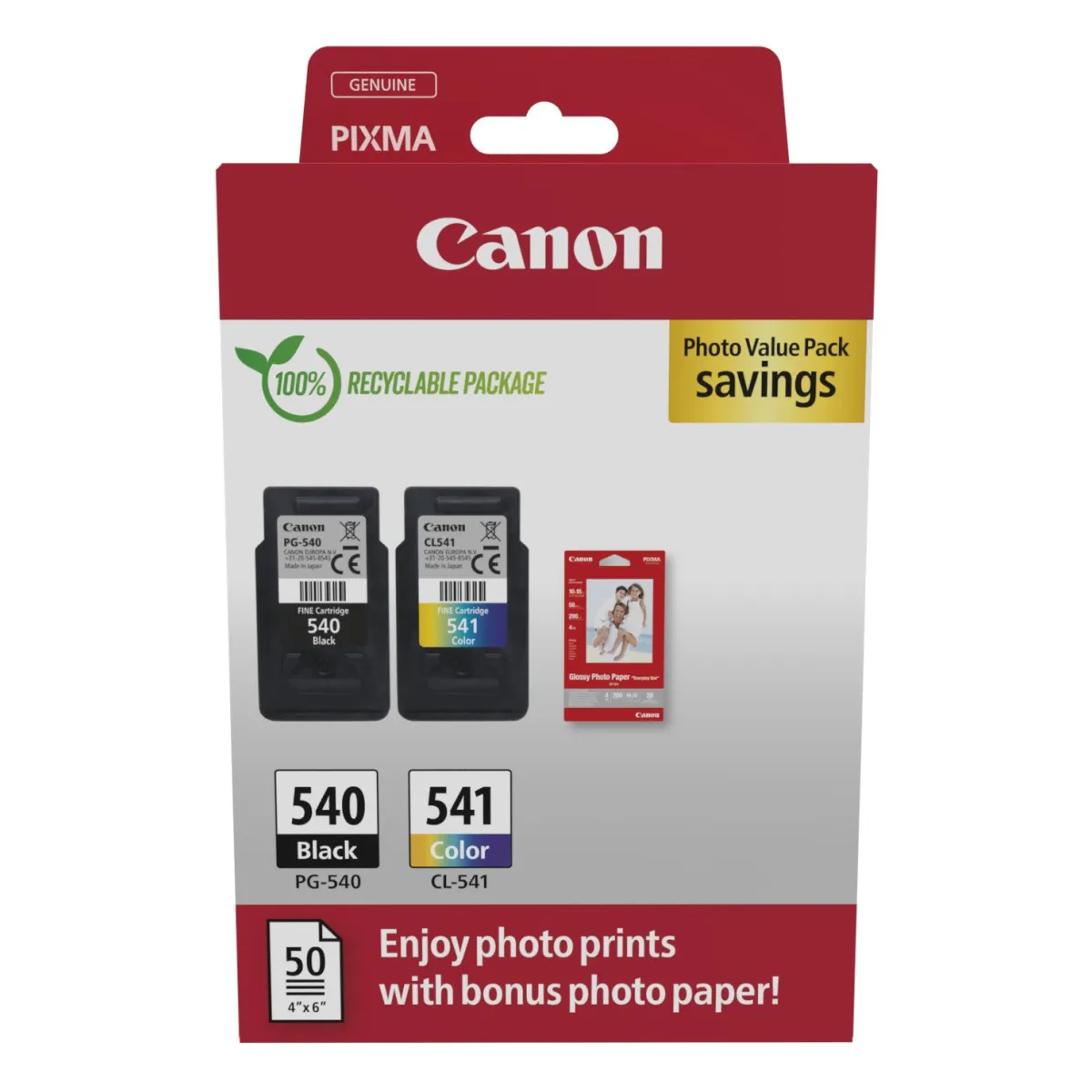 Druckerpatronen Multipack Canon 'PG-540+CL-541' schwarz 8 ml | 180 Seiten + farbig 8 ml | 180 Seiten + Fotopapier 50 Blatt PVP (5225B013)