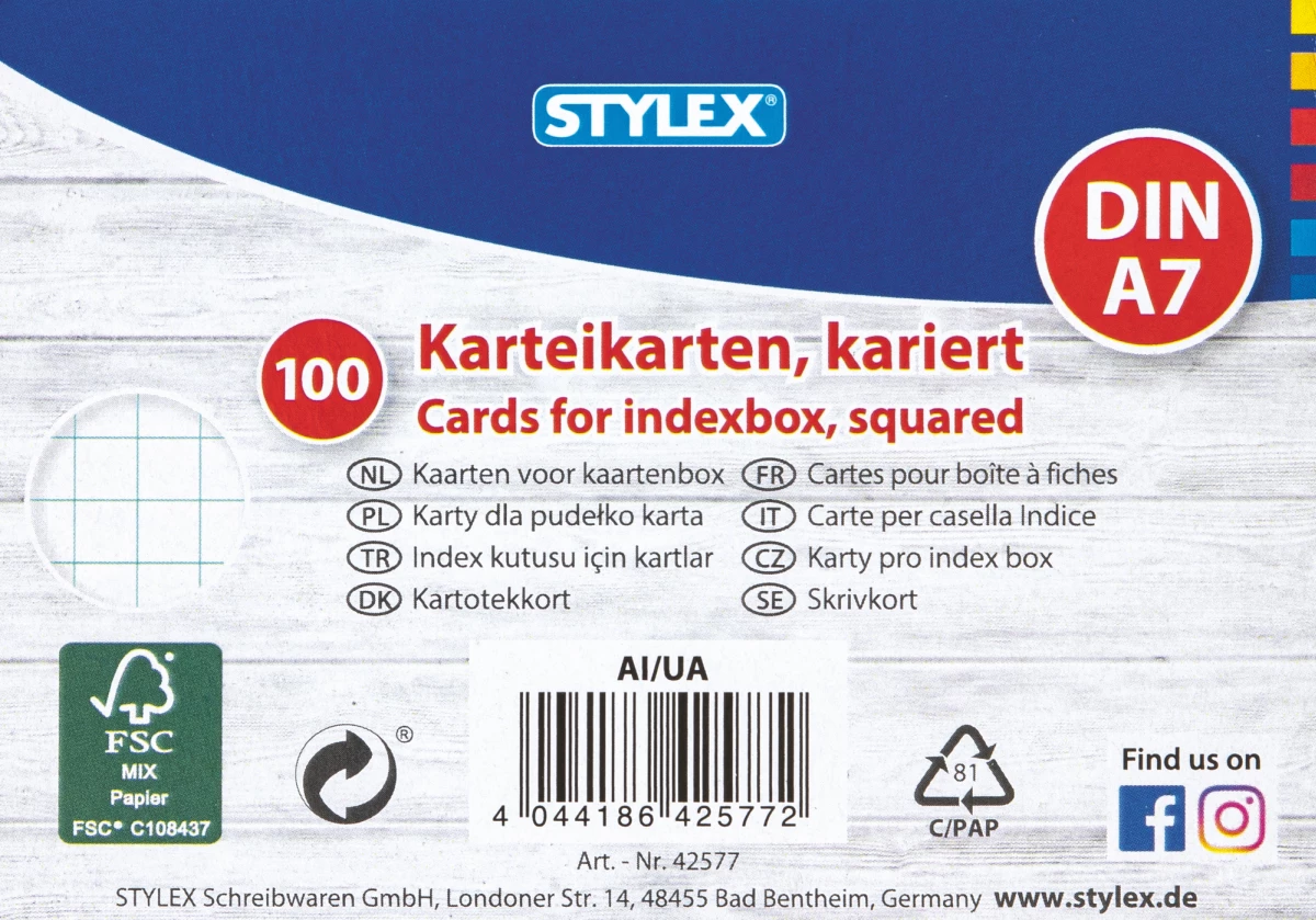 Karteikarten, DIN A7, kariert, 100 Stück, FSC