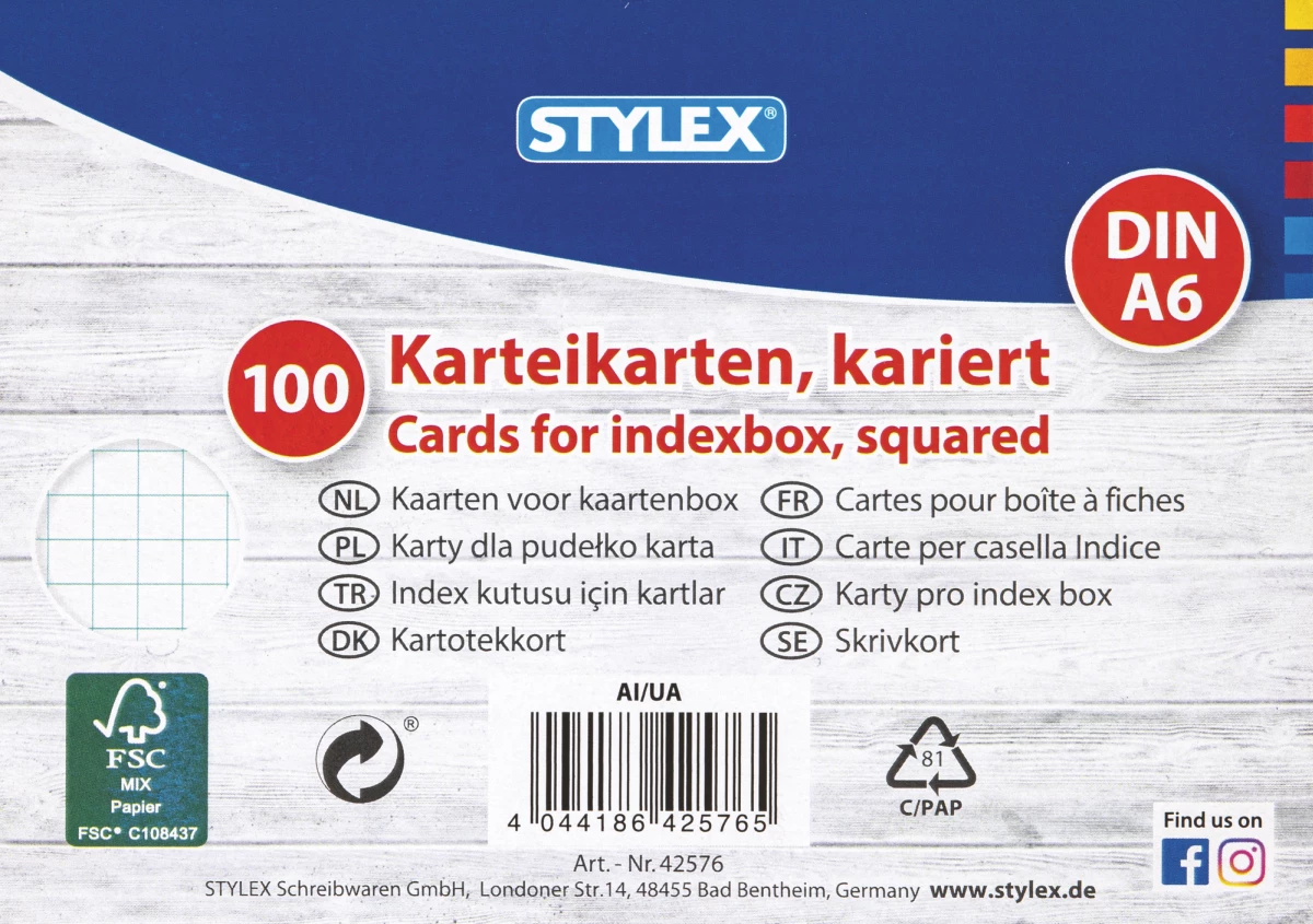 Stylex Karteikarten, DIN A6, kariert, 100 Stück, FSC
