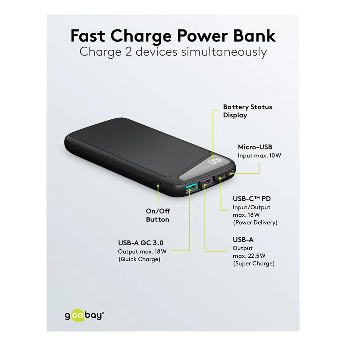 Goobay Schnelllade-Powerbank 10.000 mAh (USB-C™ PD, QC 3.0)