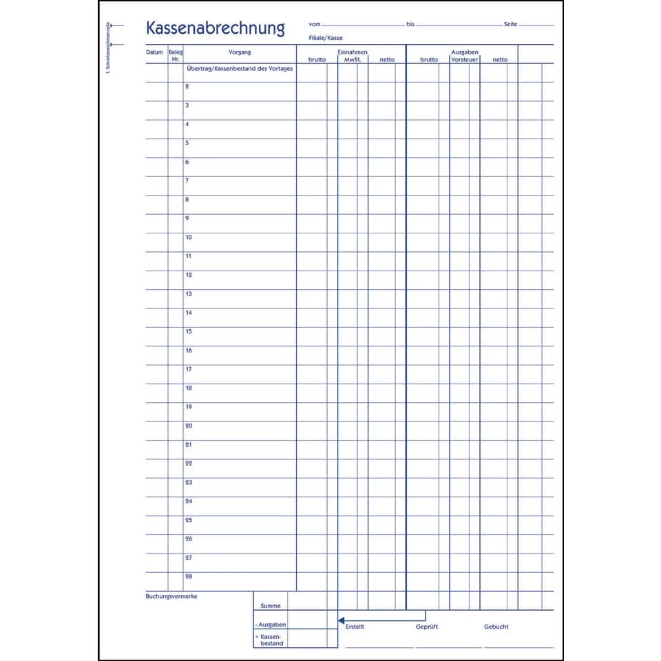 Kassenabrechnung - MwSt.-Spalte, A4, Recycling, Blaupapier, 2x 50 Blatt