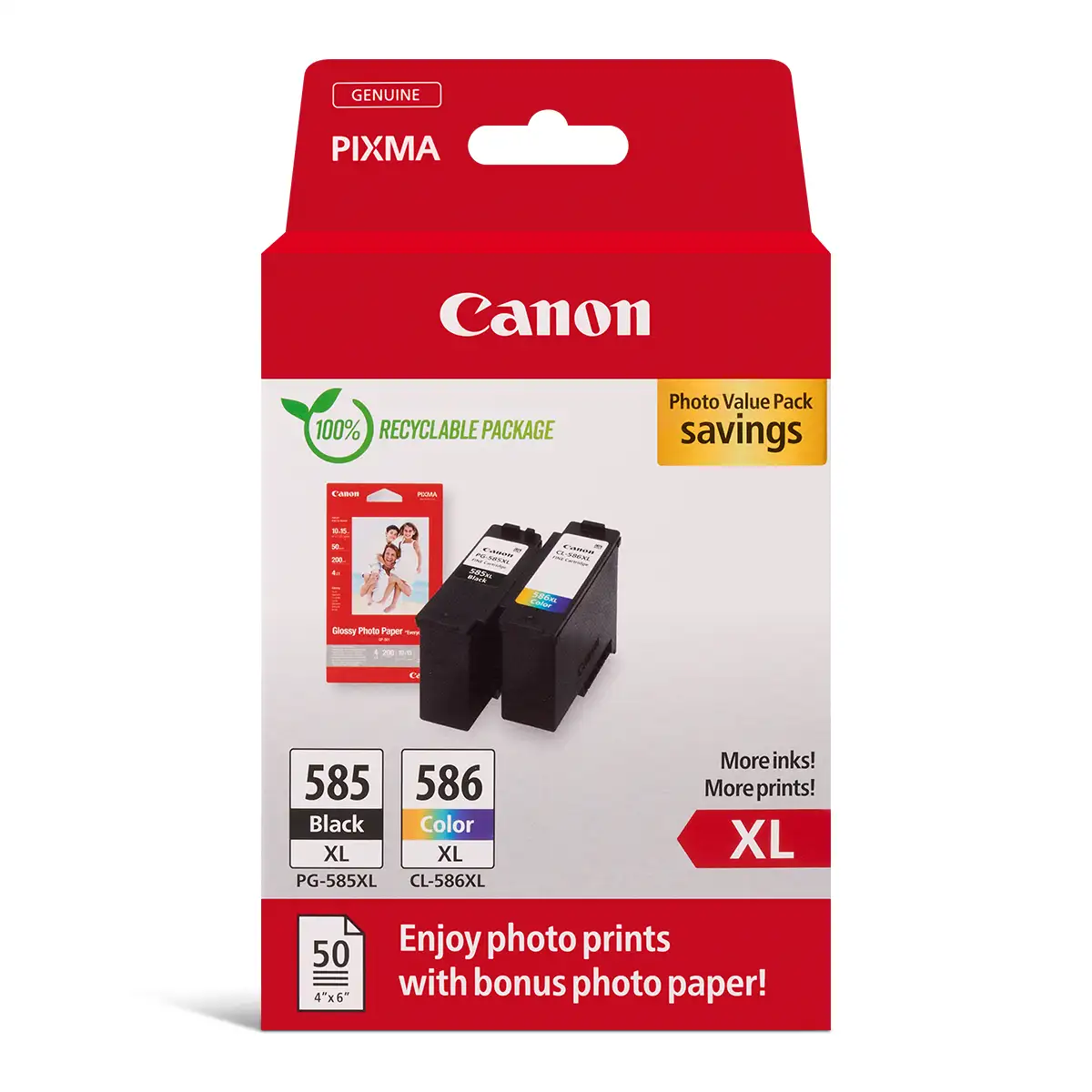 Druckerpatronen MultiPack Canon PG-585 XL/CL-586 XL schwarz + farbig XL + Fotopapier GP-501 600 Seiten