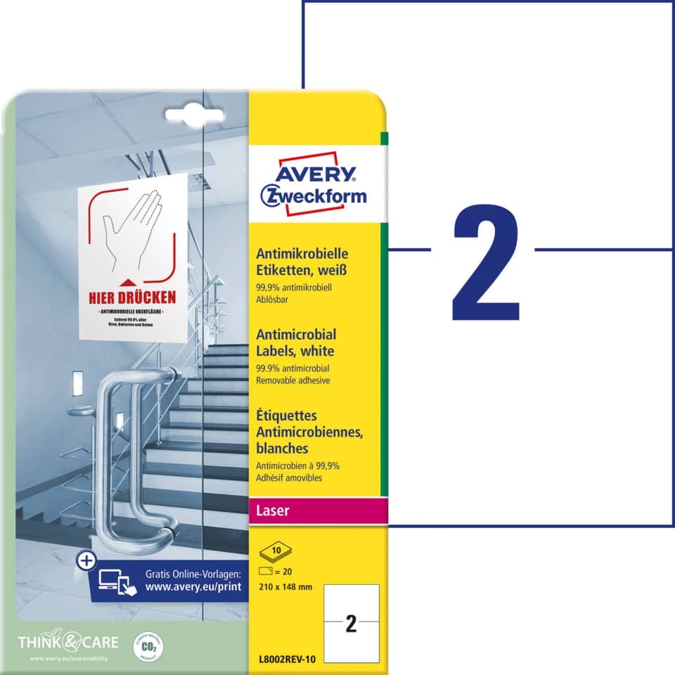 AVERY ZWECKFORM L8002REV-10 Antimikrobielle Etiketten - 210 x 148 mm, ablösbar, weiß, 20 Stück AVERY ZWECKFORM L8002REV-10 Antimikrobielle Etiketten - 210 x 148 mm, ablösbar, weiß, 20 Stück