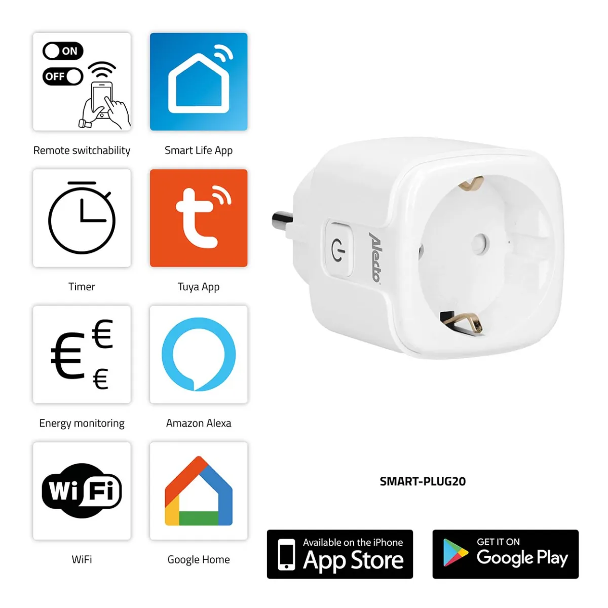 Alecto SMART-PLUG20 Smarte Wi-Fi-Steckdose mit Energiewächter 16A 3680W