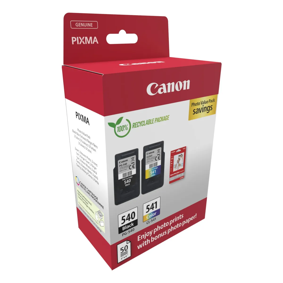 Druckerpatronen Multipack Canon 'PG-540+CL-541' schwarz 8 ml | 180 Seiten + farbig 8 ml | 180 Seiten + Fotopapier 50 Blatt PVP (5225B013)