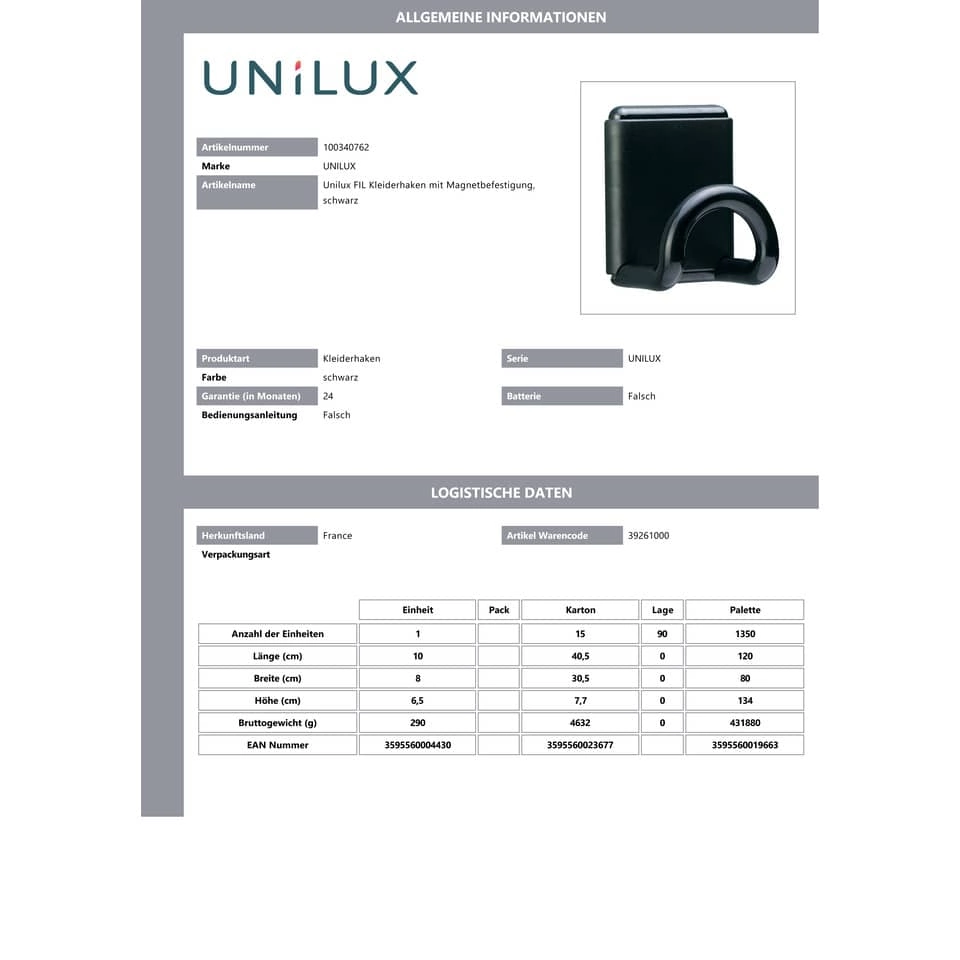 UNILUX Kleiderhaken FIL mit Magnetbefestigung, schwarz