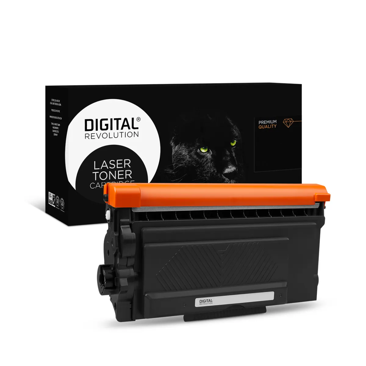 Digital Revolution alternative Toner Brother TN-3480 schwarz, vor schwarzer Verpackung mit Puma auf weißem Hintergrund
