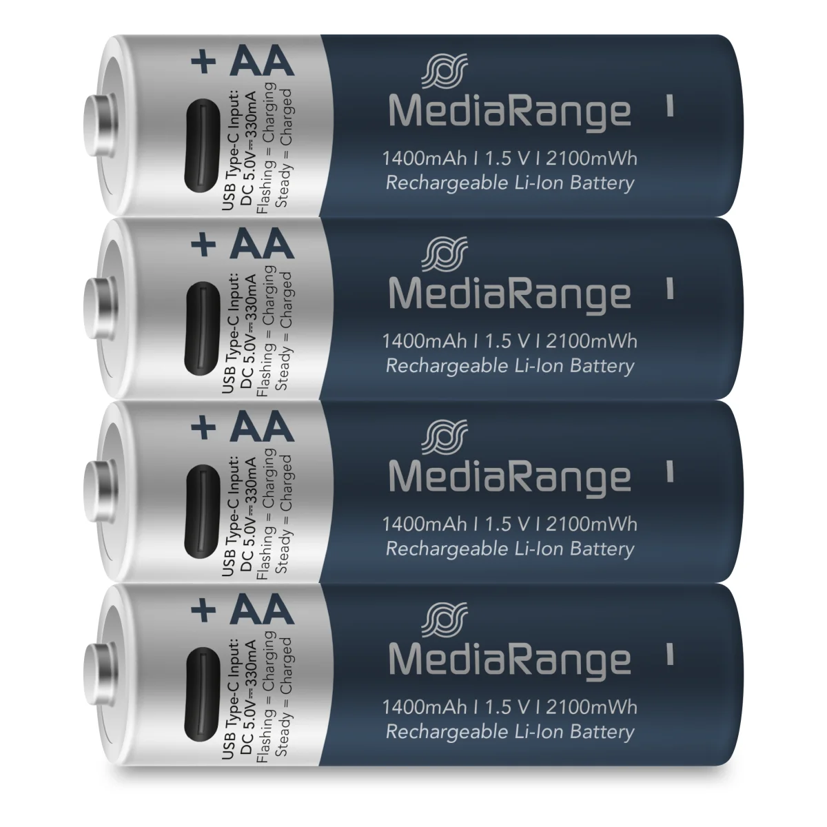 MediaRange wiederaufladbare USB-C Li-Ion Batterien, Mignon AA I 1.5V I 1.400mAh, 4er Pack