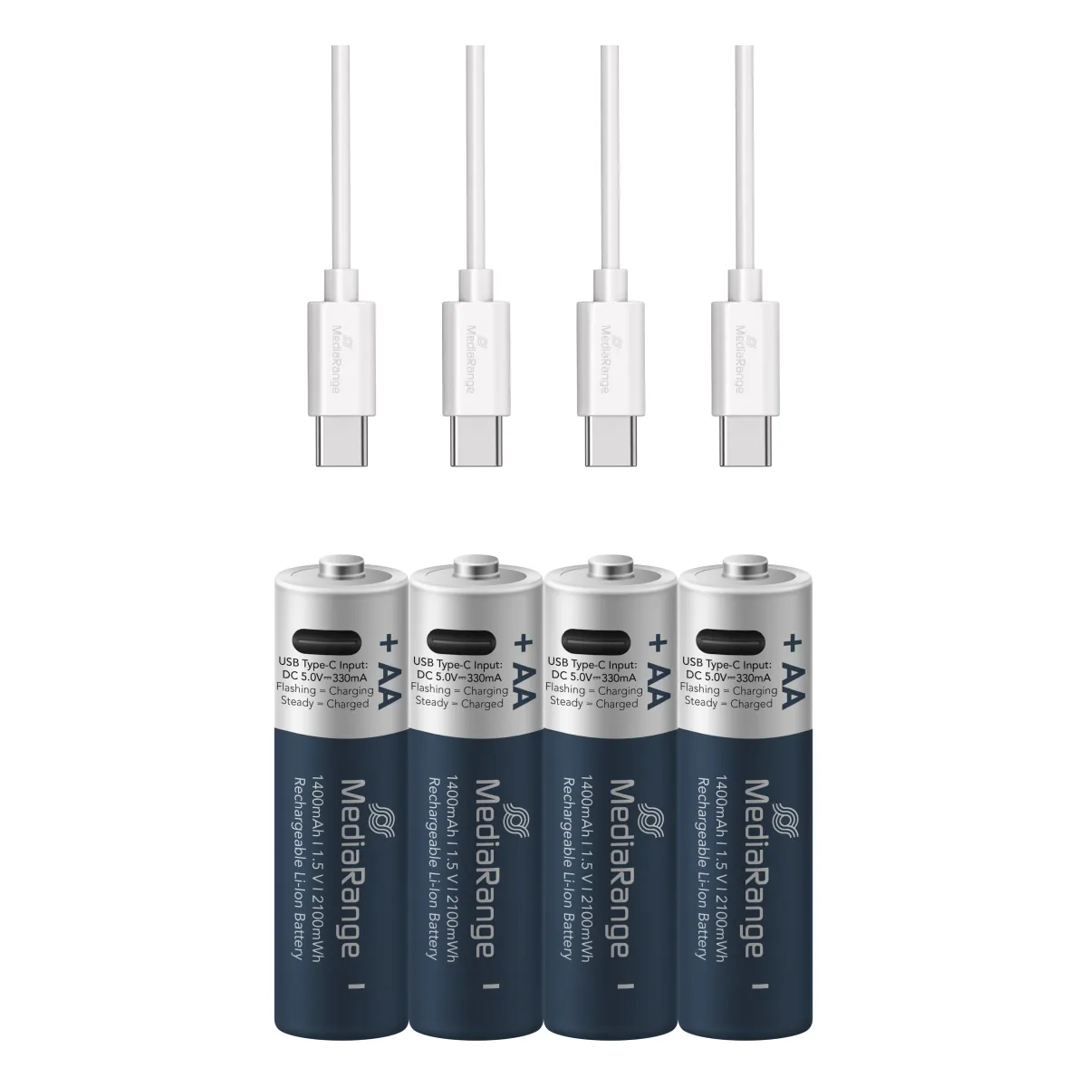 MediaRange wiederaufladbare USB-C Li-Ion Batterien, Mignon AA I 1.5V I 1.400mAh, 4er Pack