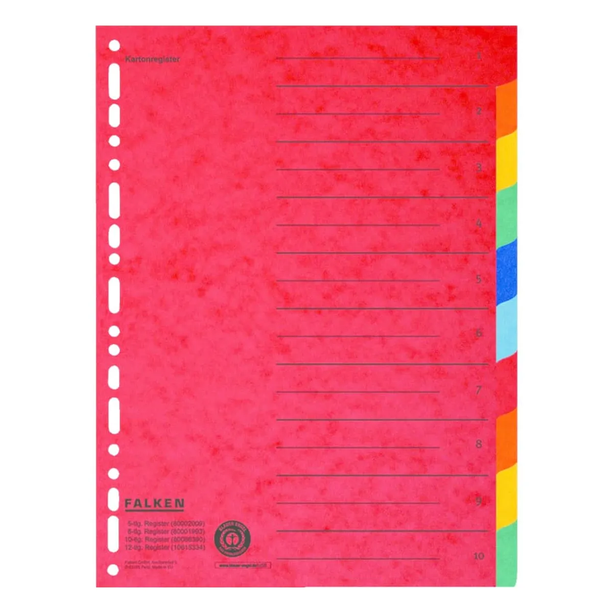 Falken Zahlenregister - 1-10, Karton farbig, A4, 5 Farben, gelocht mit Orgadruck