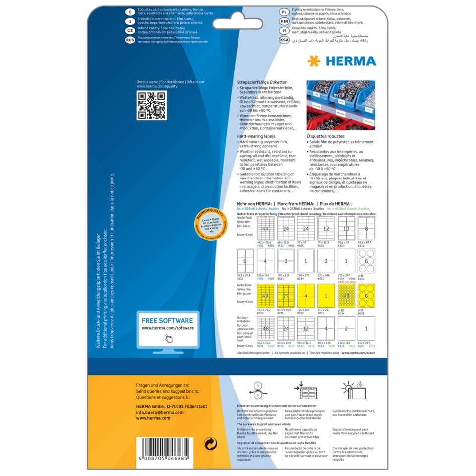 HERMA Folienetiketten - 210 x 297 mm, weiß, strapazierfähig, extrem stark haftend, matt, 25 Stück
