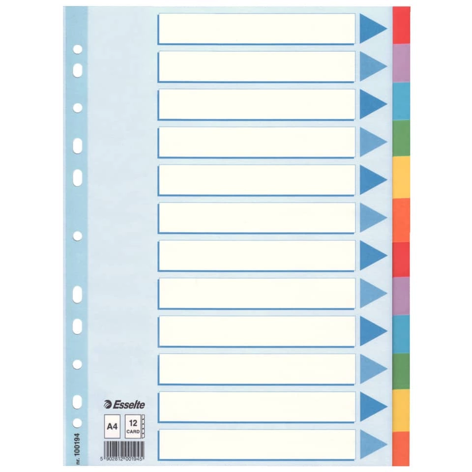 Register - blanko, Karton, A4, 12 Blatt, weiß, farbige Taben