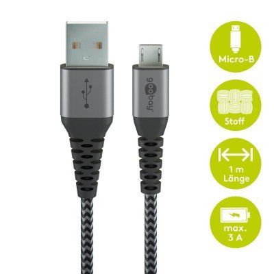 Goobay Micro-USB auf USB-A Textilkabel mit Metallsteckern (space grau/silber) 1m