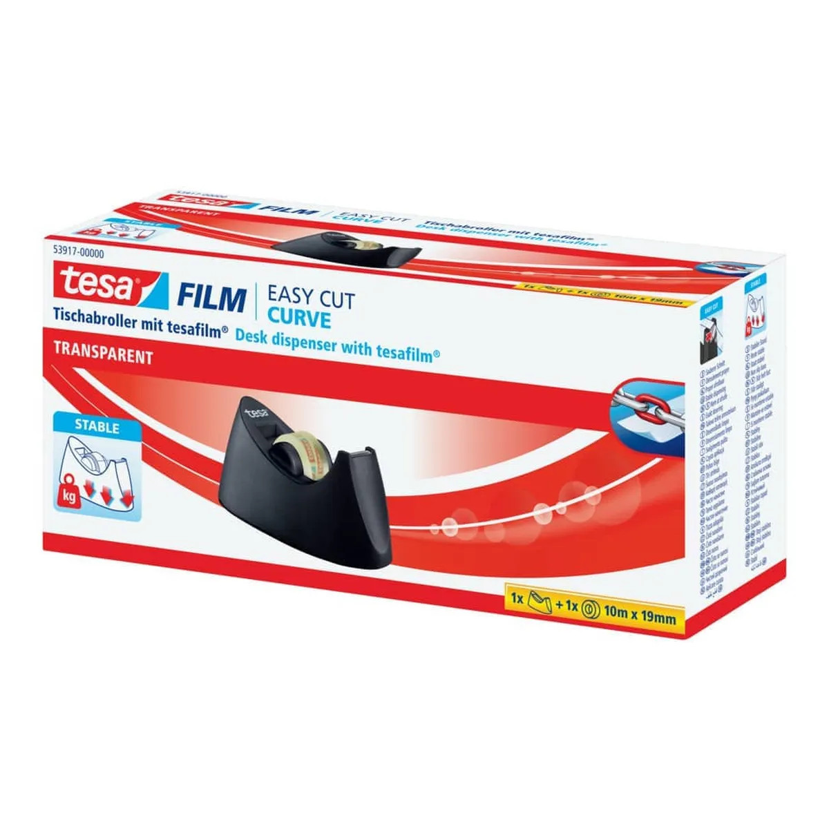 tesa® Tischabroller Easy Cut® Curve - für Rollen bis 33m : 19mm, schwarz