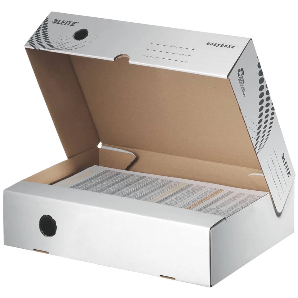 LEITZ Archivbox easyboxx - A4, 80 mm, Wellpappe (RC), breite Öffnung, Klappdeckel, weiß