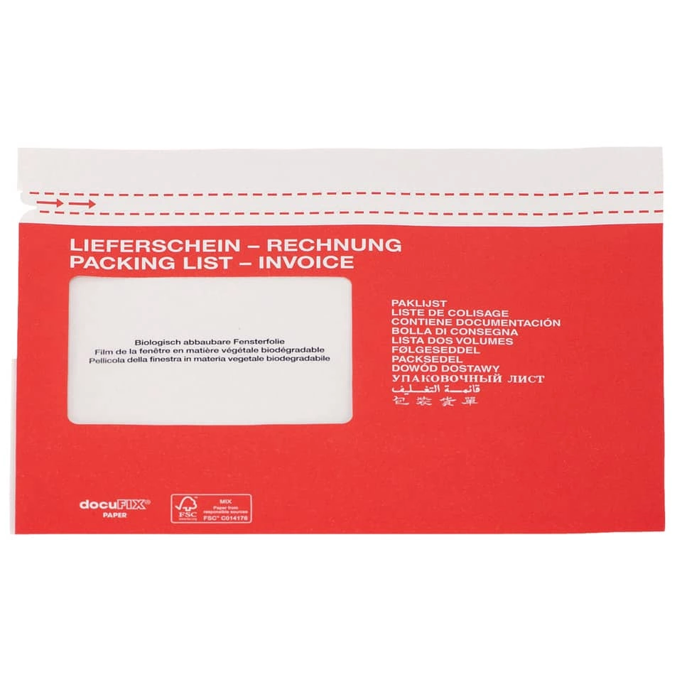 docuFIX Begleitpapiertaschen mit Aufdruck Lieferschein-Rechnung - Papier, C5, weiß/rot, 500 Stück