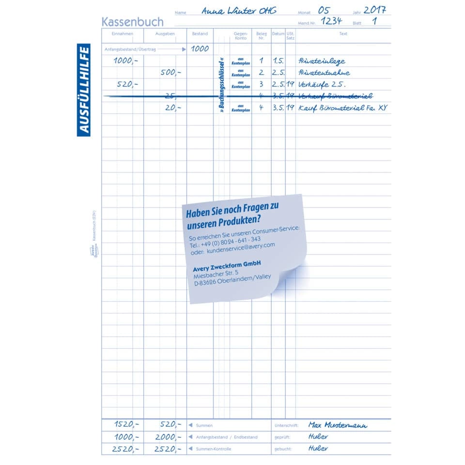 Kassenbuch - EDV-gerecht, A4, Recycling, Blaupapier, 100 Blatt